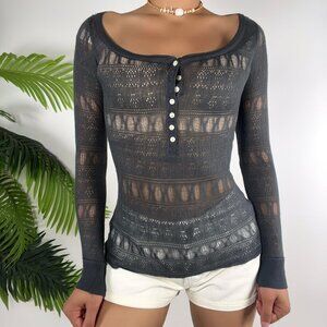 Women's Aeropostale XS Gray Bohemian Long Sleeve Textured Knit Fitted Sheer Top